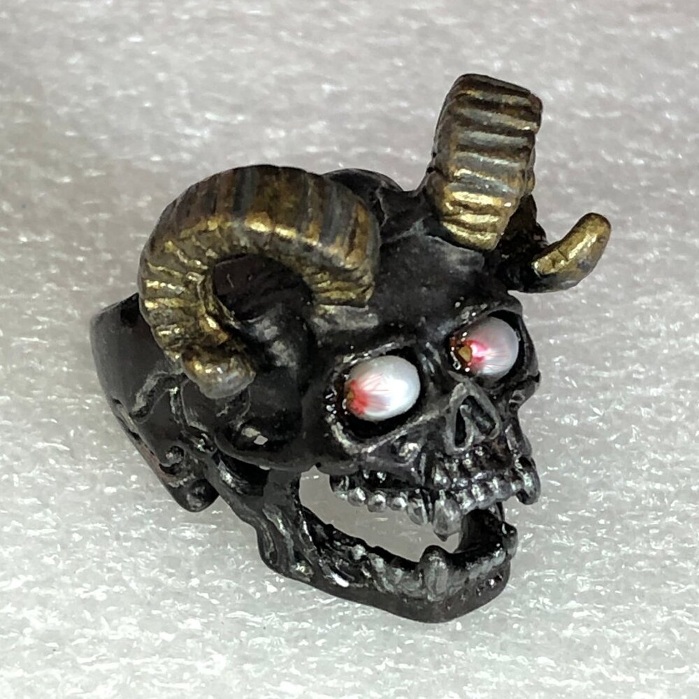 Skull Biker Ring Devil Horned Demon Natural Pearl Eyes Sz 8.75 Unisex OOAK Art